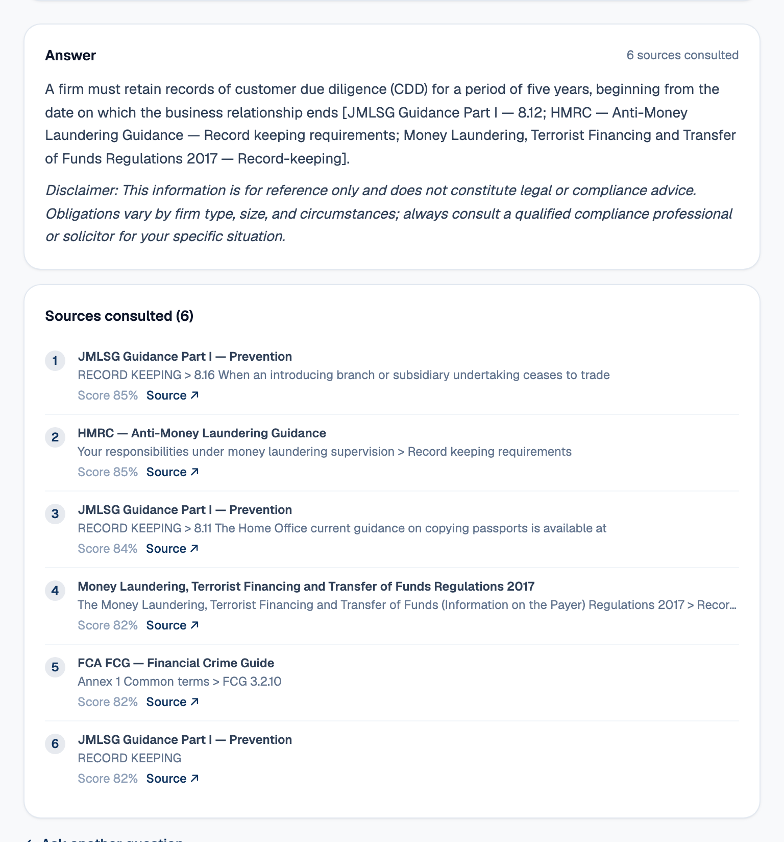 An answer on the regulatory Q&A page saying a firm must keep customer due diligence records for five years from the date the business relationship ends, with bracketed citations, and a list of six sources consulted underneath