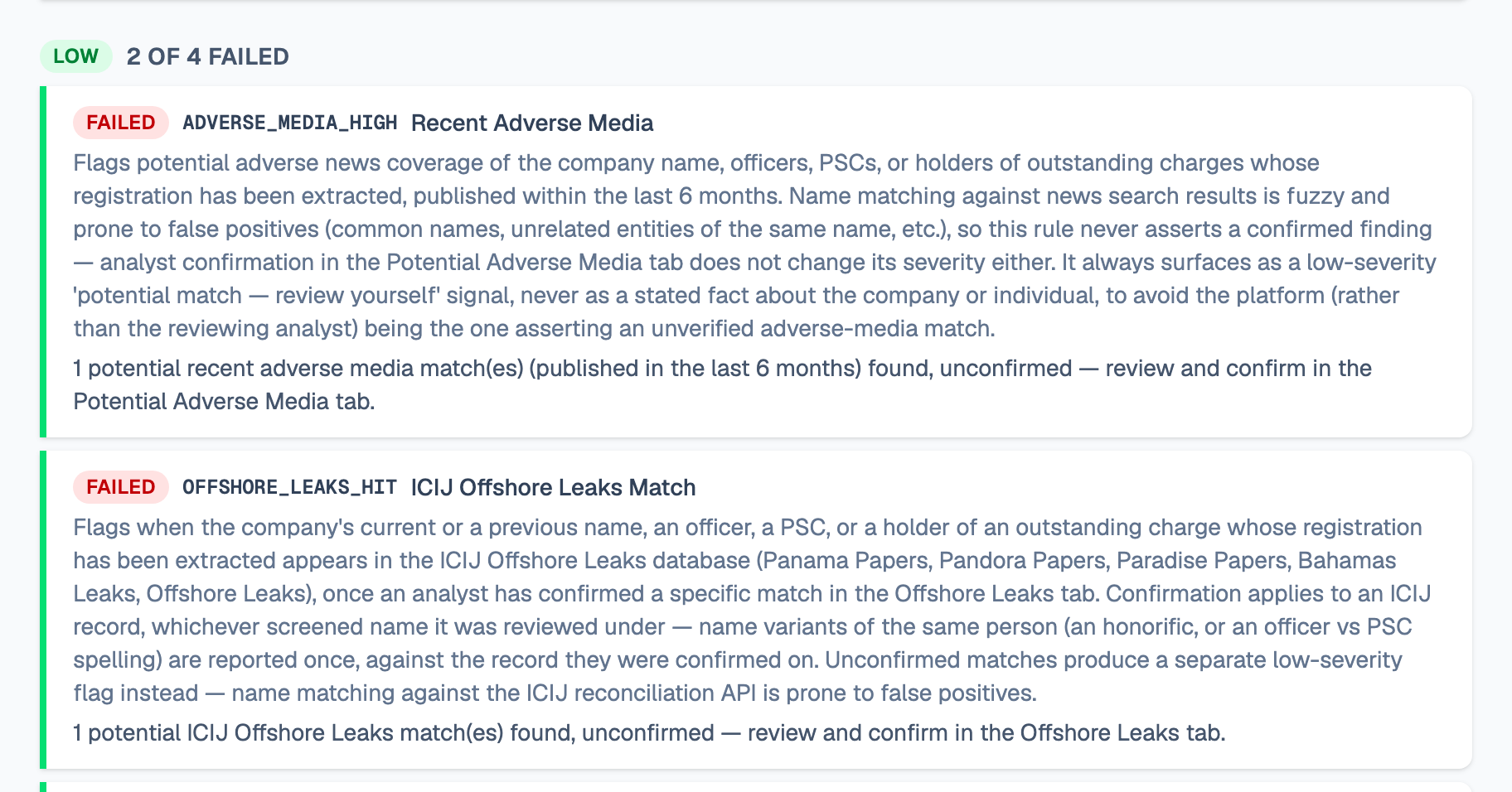 The Low severity group in the sample assessment's rule breakdown, 2 of 4 failed: Recent Adverse Media and ICIJ Offshore Leaks Match, each reporting one potential match, unconfirmed, to review in its tab