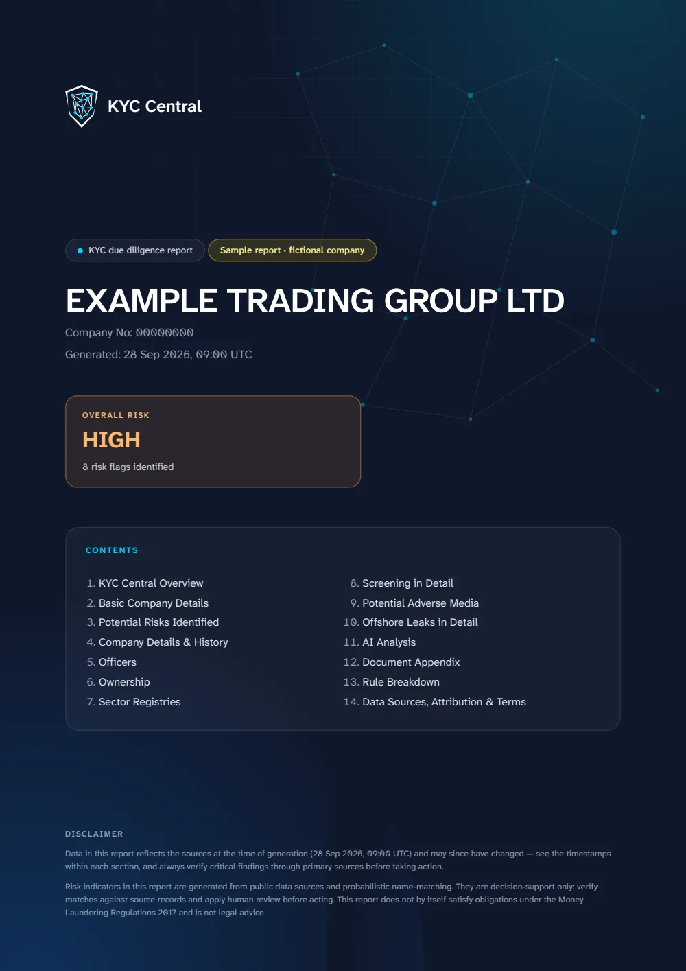 Cover page of the sample report: Example Trading Group Ltd, overall risk High, 8 risk flags